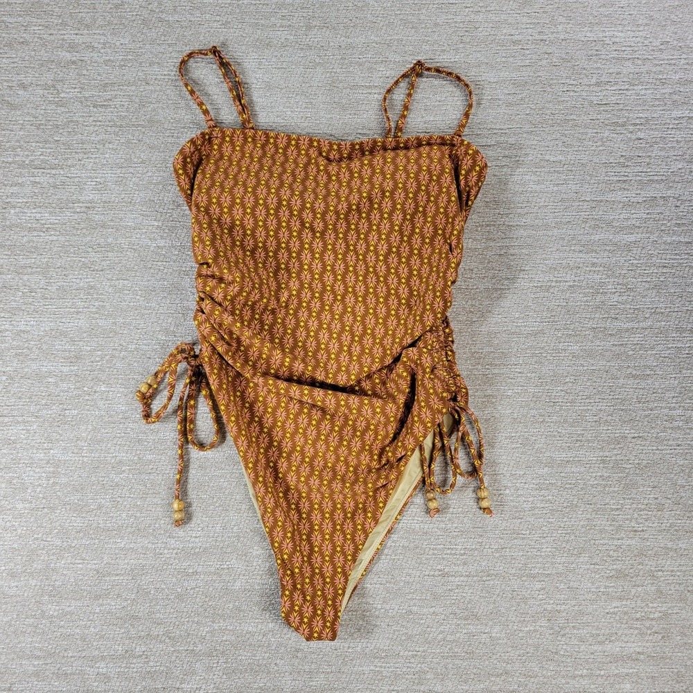 Roxy Ray Of Sunshine One-piece Swimsuit Large Brown Geometric Ruched High Cut - Picture 1 of 13